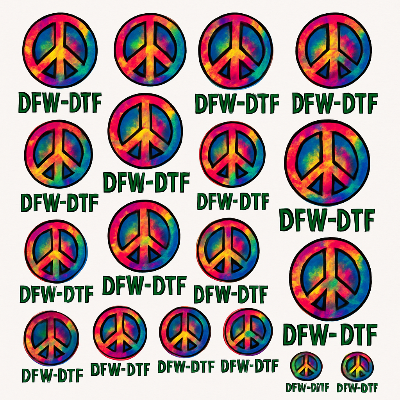 A sheet  with peace symbols and the words DFW-DTF on it.